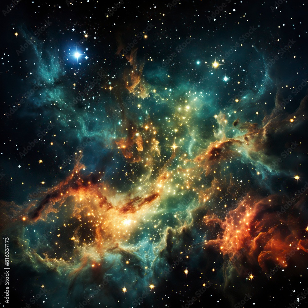 A cosmic abstract background with nebulae, stars, and galaxies