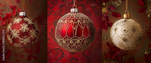 Obraz na płótnie Three Stylish Christmas Ornaments Displayed on a Festive Background w salonie
