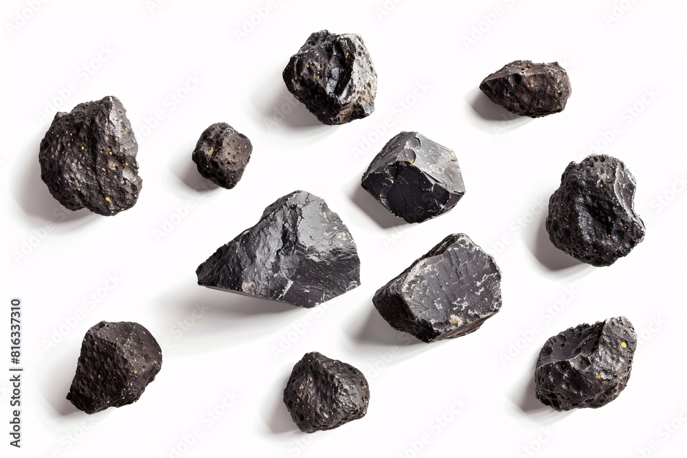 Coal Sample: A Collection of Black Coal Lumps on a White Background