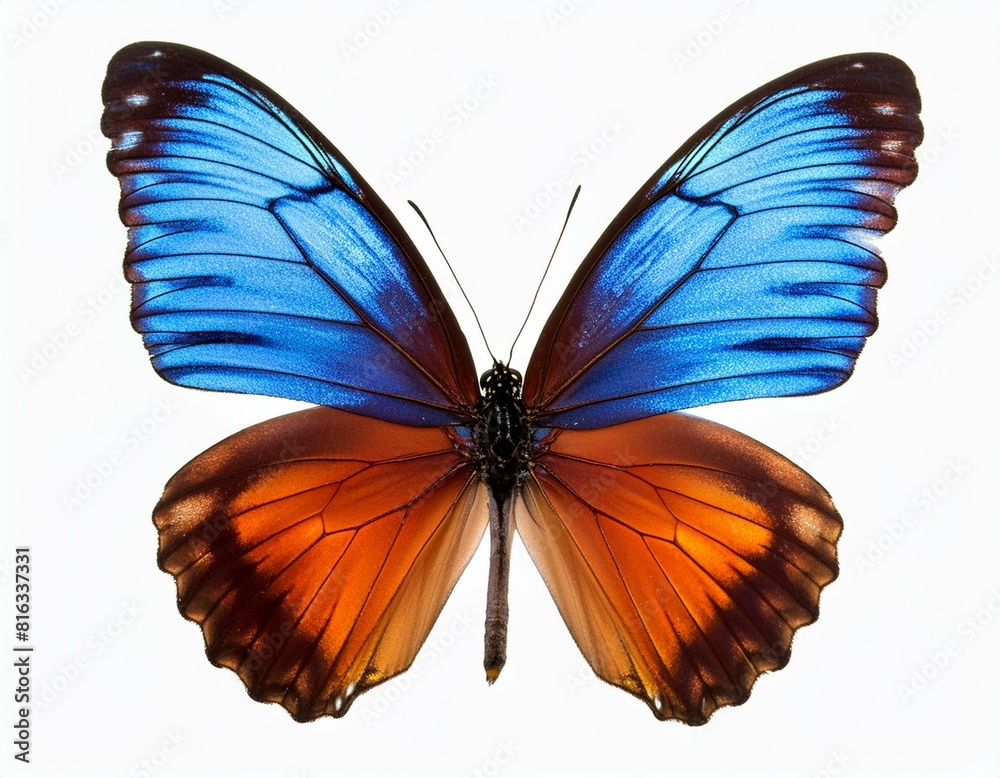 Fototapeta premium Very beautiful blue orange butterfly with spread wings isolated on a white background.