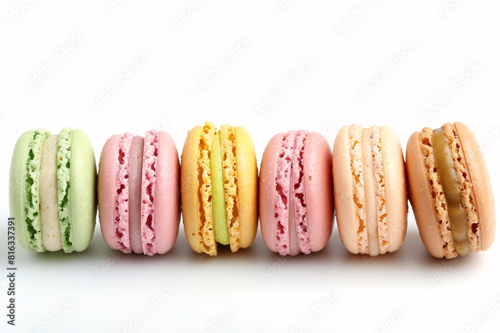 Six Colored Macarons Arranged in a Row