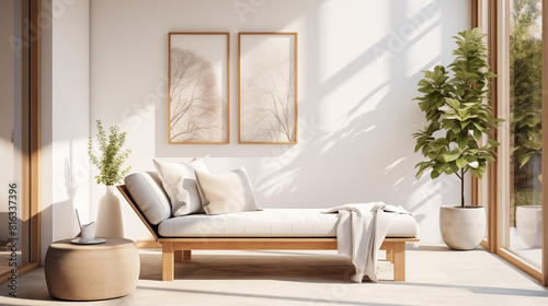 Modern Minimalist Sunlit Living Room with Daybed and Plant © heroimage.io