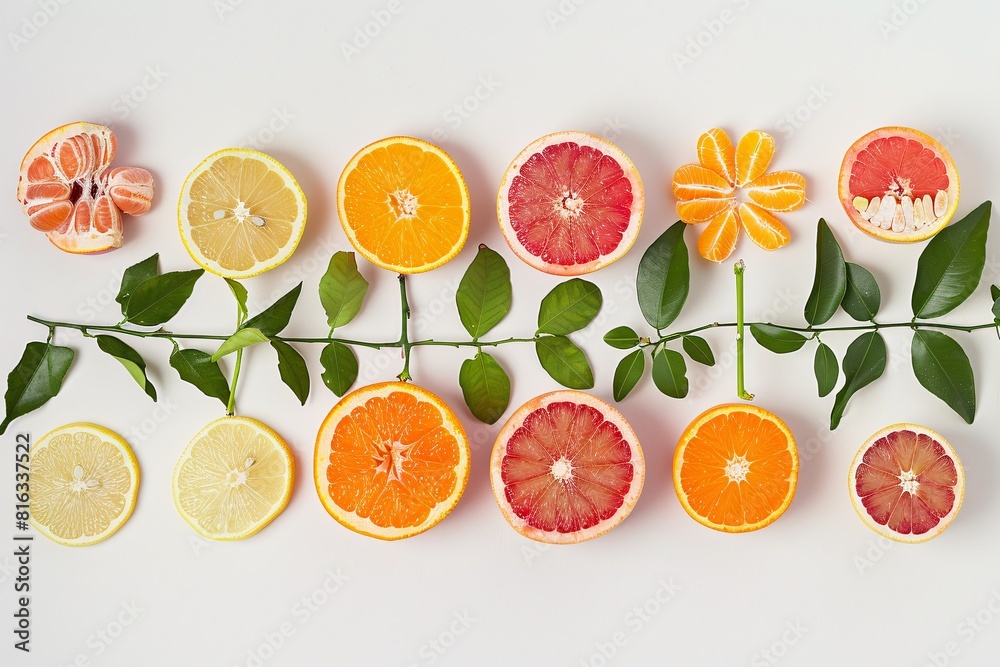 Vibrant Citrus Display: Orange and Grapefruit Arrangement with Leaves