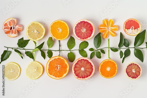 Obraz na płótnie Vibrant Citrus Display: Orange and Grapefruit Arrangement with Leaves w salonie