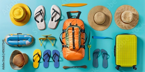 Obraz na płótnie Vibrant Vacation Packing: Travel Essentials in a Colorful Display w salonie