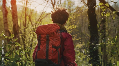 A youthful male carrying a crimson backpack in a woodland during the spring season