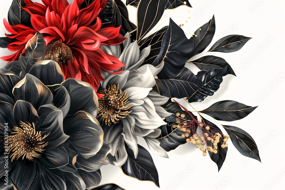 Stylized Floral Arrangement with Colorful Flowers and Leaves