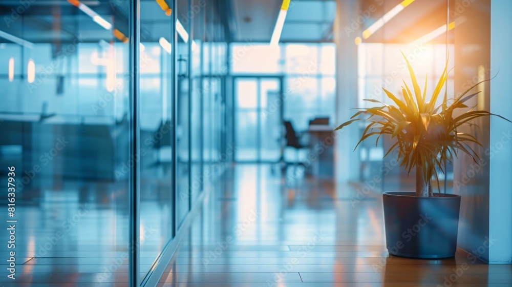 A Modern Office Space: An Empty Room with a Potted Plant and Large Glass Windows