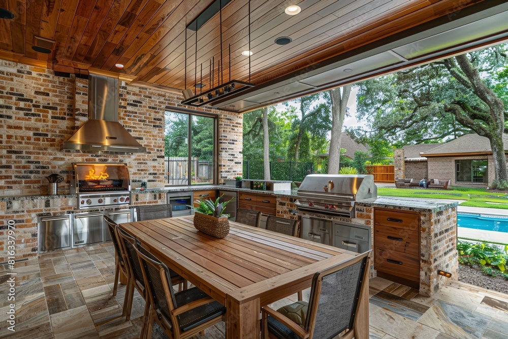 Modern Kitchen with Stone Countertops and Brick Fireplace