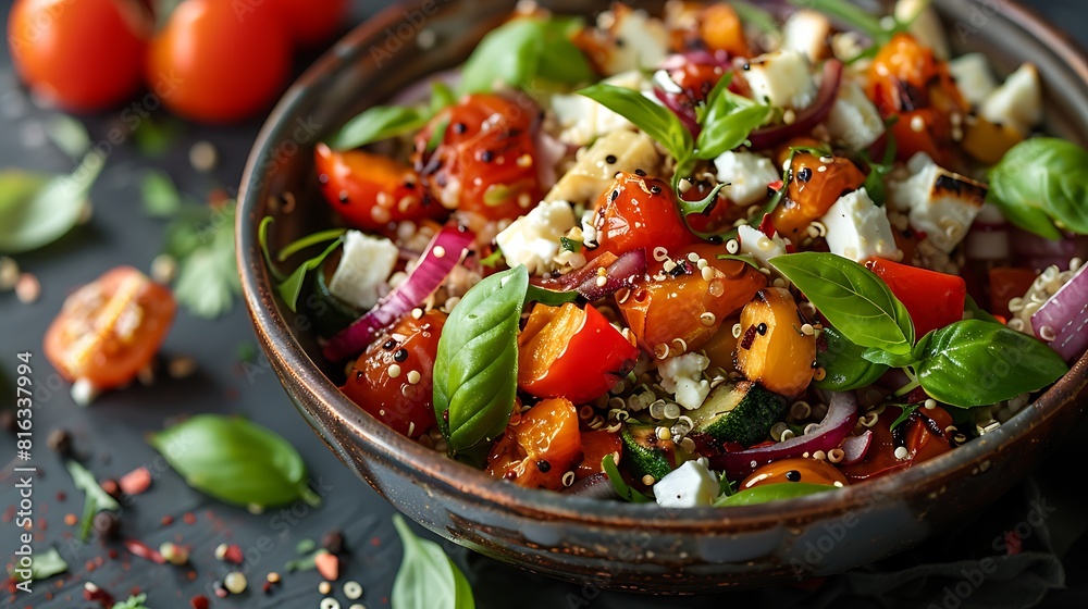 Quinoa salad with roasted vegetables and feta, fresh foods in minimal style