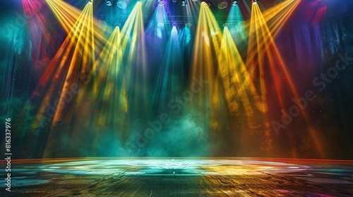 Obraz na płótnie Vibrant Concert Stage with Multi-colored Lights and Holographic Effects w salonie