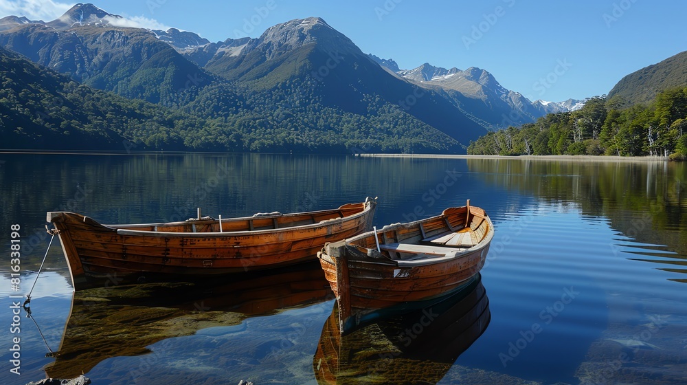 wooden boat on lake with mountain view