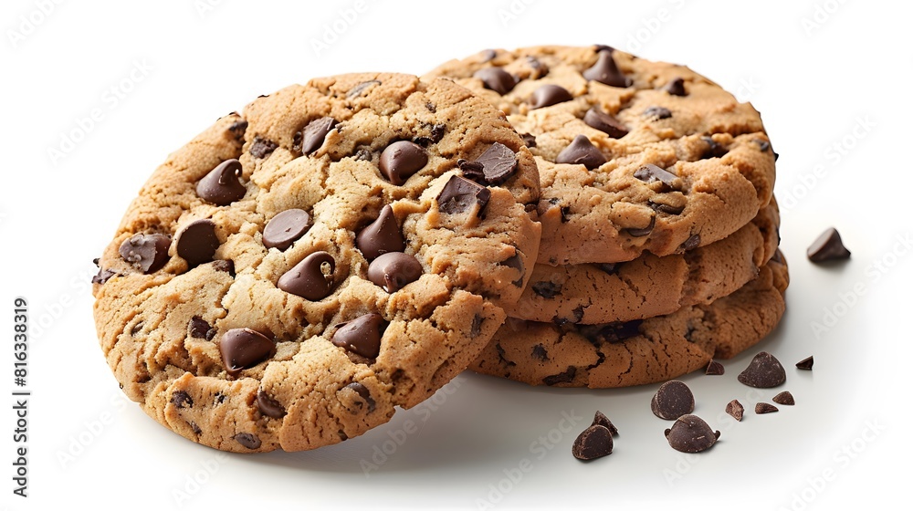 Freshly baked chocolate chip cookies stacked on a white background Freshly baked chocolate chip cookies stacked on a white background