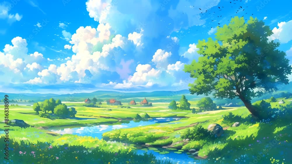 Summer landscape of a meadow with grass, trees, blue sky, and clouds, with lofi chill vibes for background music. Looping time-lapse video.
