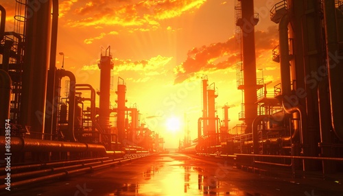 The image depicts a refinery at sunset, with the sunlight casting long shadows and creating an atmospheric glow.