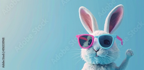 Bunny in Sunglasses and Wearing Shorts, Waving with One Paw photo