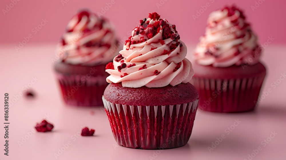 Red velvet cupcakes, fresh foods in minimal style