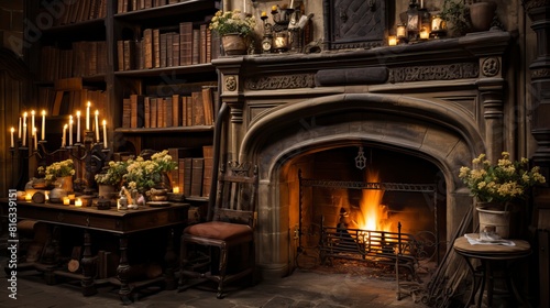 A cozy library with rows of books and shelves and a warm