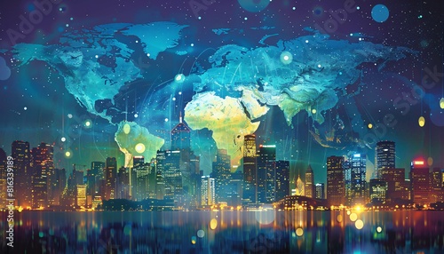 Global Cityscape at Night with World Map Background