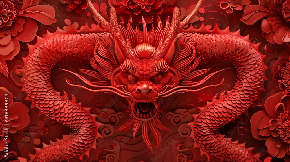 Vivid Red Dragon on Red Background with Flower Pattern Vivid Red Dragon on Red Background with Flower Pattern
