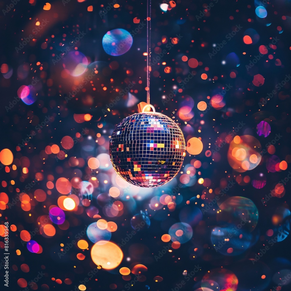 Festive Glitter Ball and Colorful Confetti in the Background Festive Glitter Ball and Colorful Confetti in the Background