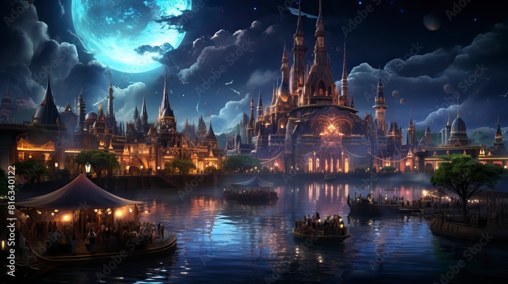 Fototapeta premium A crystal clear lake reflecting a floating city