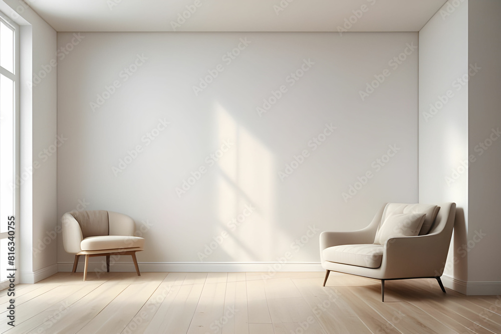 Fototapeta premium Modern interior design with white empty mock-up wall and beige armchair 3D Rendering, 3D Illustration