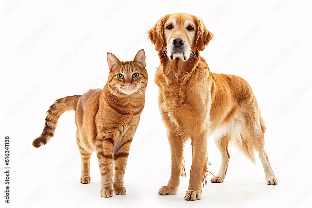 A Golden Retriever and Orange Tabby Cat Posing for a Photo A Golden Retriever and Orange Tabby Cat Posing for a Photo