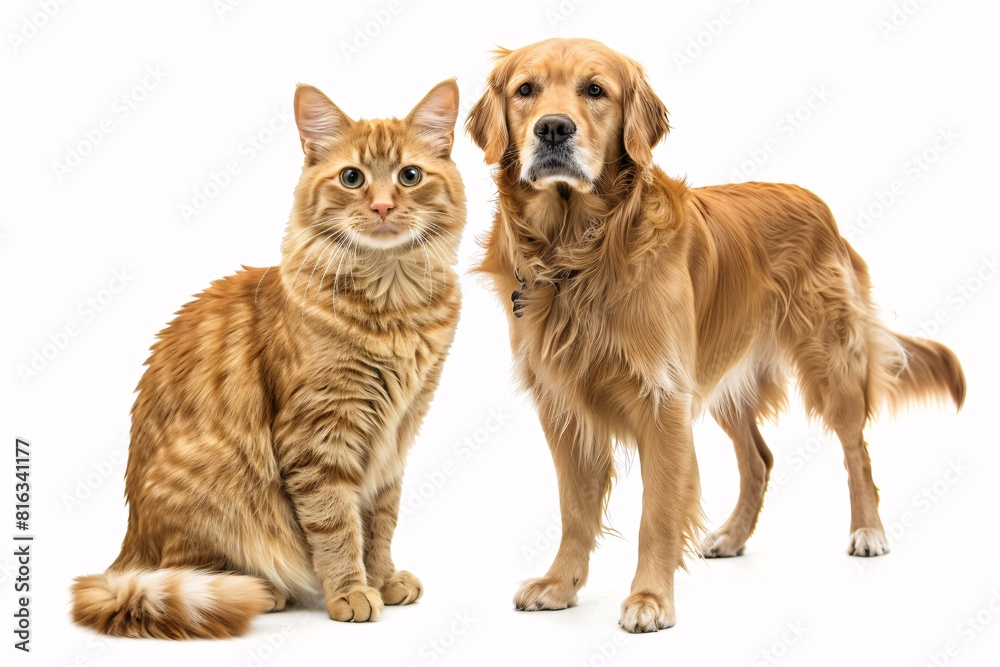 A Golden Retriever and Tabby Cat Posing for the Camera