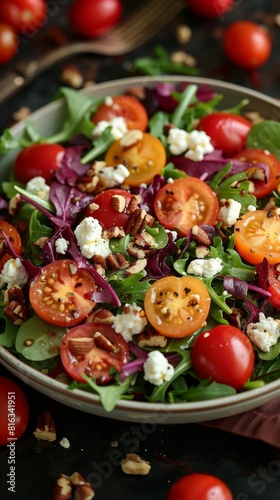A beautiful healthy salad with goat cheese, tomatoes, and walnuts. 
