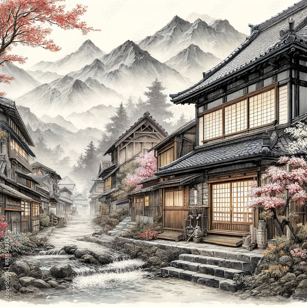 A Painting of Traditional Japanese Streets