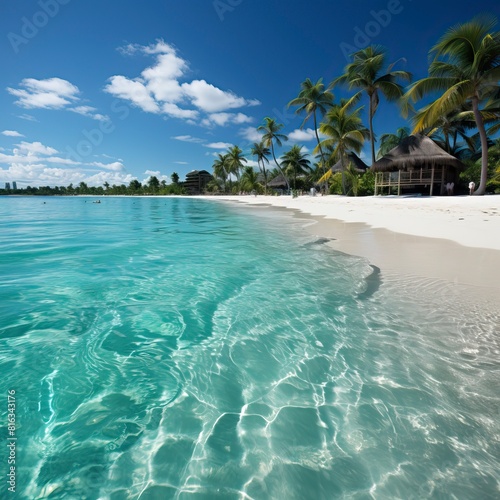 A deserted beach with white sand and clear blue water