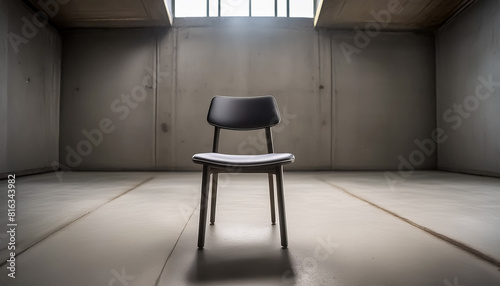One chair in a concrete room, solitude, inability to leave, small, plain, inorganic, design photo