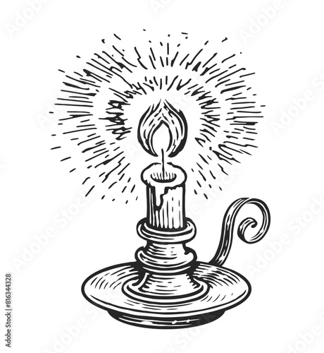 Hand drawn burning candle in vintage candlestick. Sketch drawing of rustic old lamp with candlelight