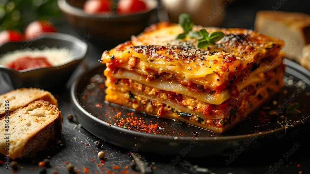 Vegetable lasagna with garlic bread, fresh foods in minimal style