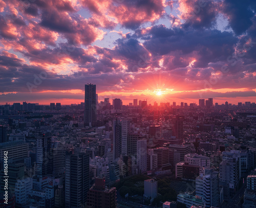 a dawning Tokyo city skyline, landscape photography, shot on angenieux 4590mm f28, medium shot, fujifilm XT stock, 8K photo