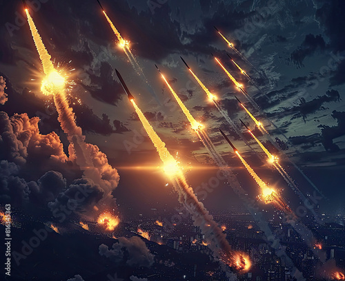 a massive missile attack from the air onto a city, night time, missiles flying down from the sky, explosions on the ground, dramatic lighting, appropriate for a YouTube thumbnail photo