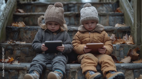 Two children in winter clothes sitting on steps, engrossed in tablets.