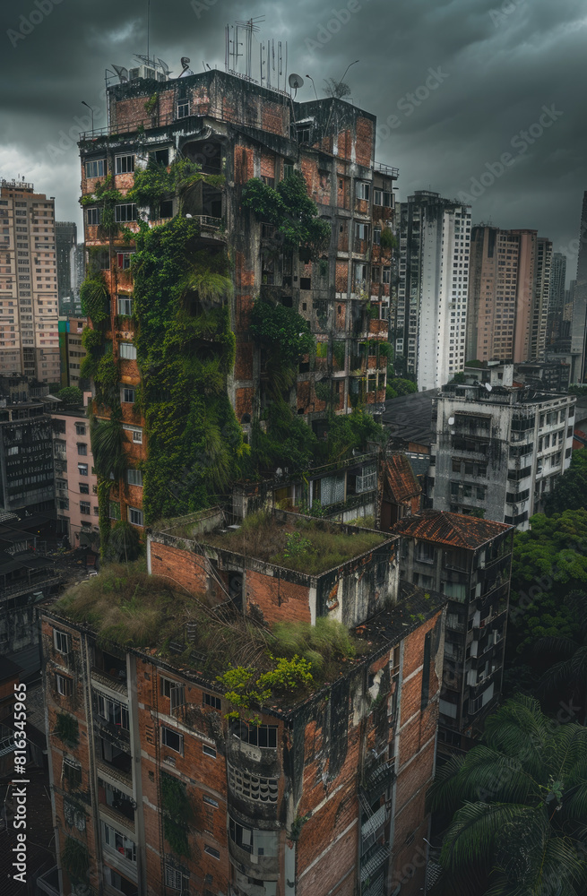 A post apocalyptic Goiania, Goias Ruined bulding, taken over by nature and dirt gloomy cloudy sky , aerial, city view