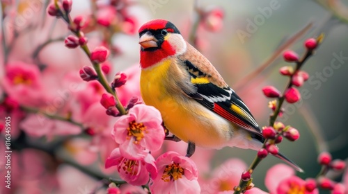 Colorful goldfinch with dark wings and crimson mask resting on a blossom in Dublin s Botanic Gardens photo
