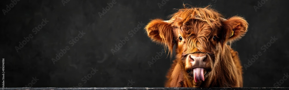 Hilarious Scottish Highland Cow Sticking Tongue Out on Black Background - Funny Animal Background Hilarious Scottish Highland Cow Sticking Tongue Out on Black Background - Funny Animal Background