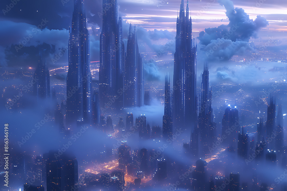 Fototapeta premium In a futuristic skyline, modern skyscrapers soar, defining the landscape of a smart city, symbolizing innovation, progress, and urban sophistication.