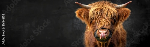Hilarious Scottish Highland Cow Sticking Tongue Out on Black Background - Funny Animal Background photo