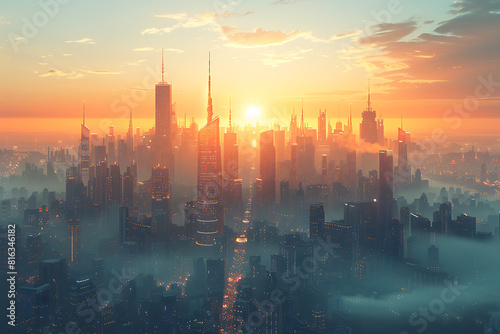 In a futuristic skyline  modern skyscrapers soar  defining the landscape of a smart city  symbolizing innovation  progress  and urban sophistication.
