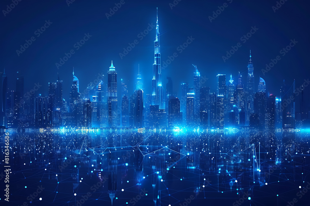 Fototapeta premium In a futuristic skyline, modern skyscrapers soar, defining the landscape of a smart city, symbolizing innovation, progress, and urban sophistication , silhouette logo in the wireframe style on a dark 