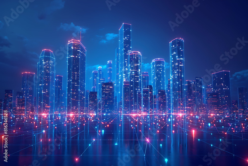 In a futuristic skyline  modern skyscrapers soar  defining the landscape of a smart city  symbolizing innovation  progress  and urban sophistication   silhouette logo in the wireframe style on a dark 