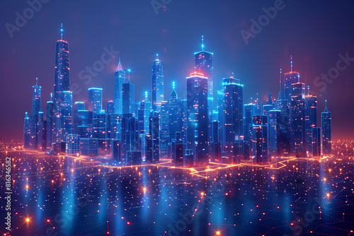 In a futuristic skyline  modern skyscrapers soar  defining the landscape of a smart city  symbolizing innovation  progress  and urban sophistication   silhouette logo in the wireframe style on a dark 