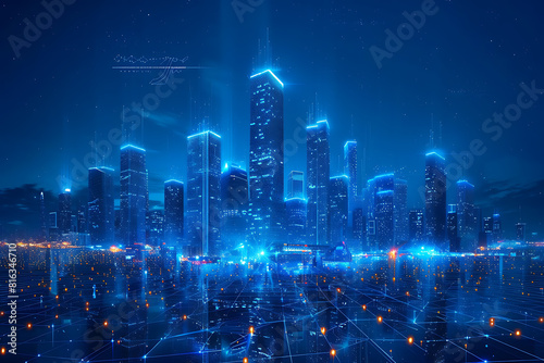 In a futuristic skyline  modern skyscrapers soar  defining the landscape of a smart city  symbolizing innovation  progress  and urban sophistication   silhouette logo in the wireframe style on a dark 