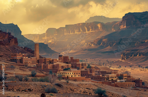 A vivid and impactful scene set in the heart of Saudi Arabias oilrich landscape In the foreground photo