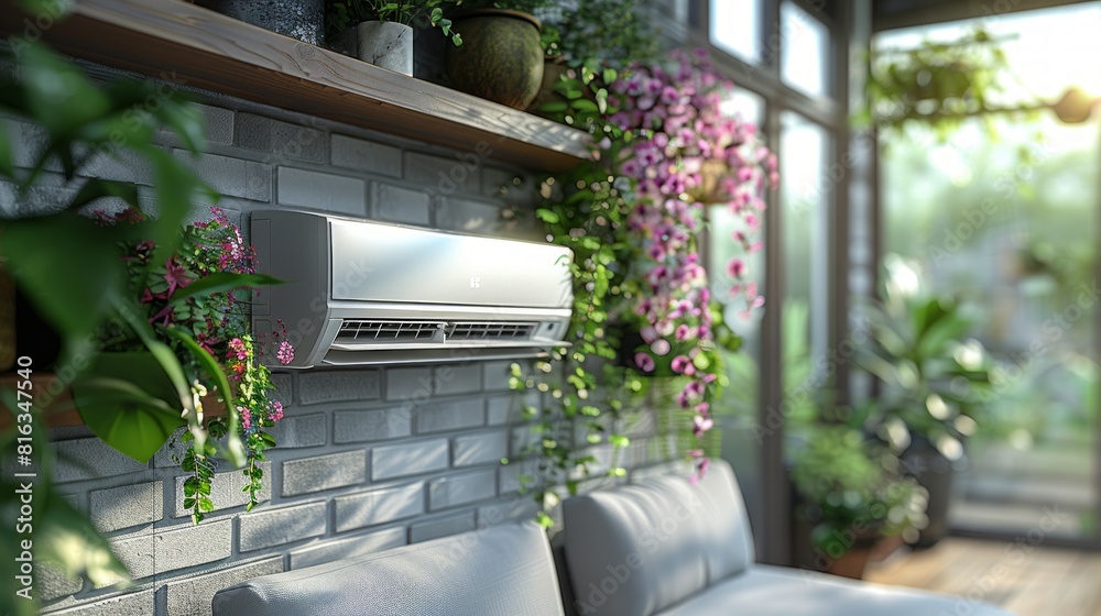 modern air conditioner in a cozy, plant-filled room with natural light streaming in. modern air conditioner in a cozy, plant-filled room with natural light streaming in.